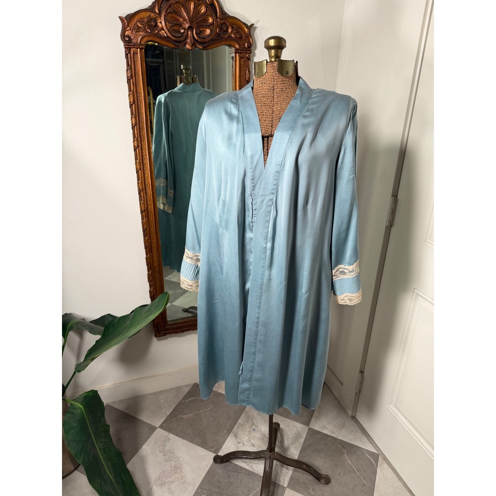 Vintage Valerie Stevens Blue 100% Silk Lace Trim Robe Loungewear Large